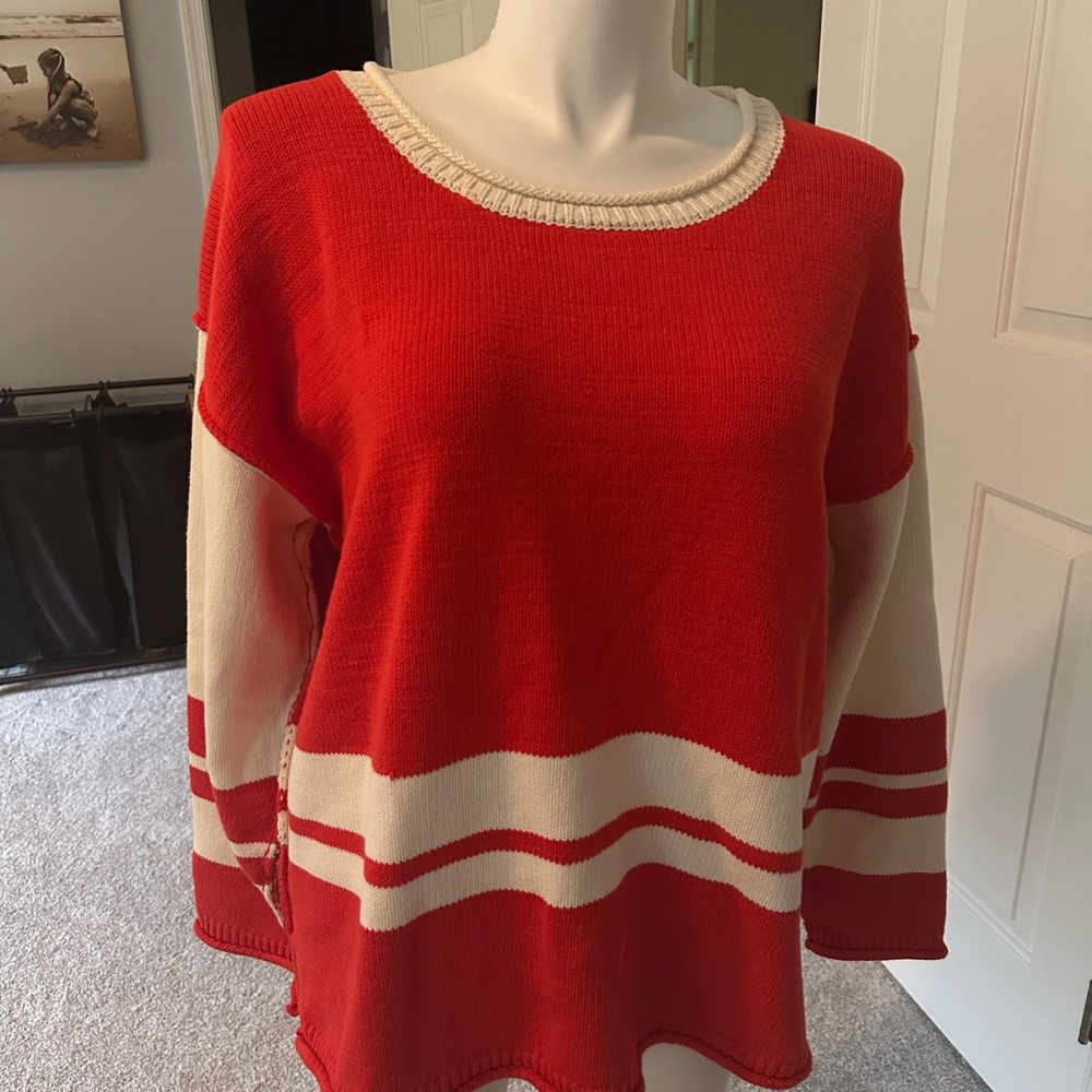 Free People Red and Cream Stripe Pullover Sweater - Picture 9 of 9